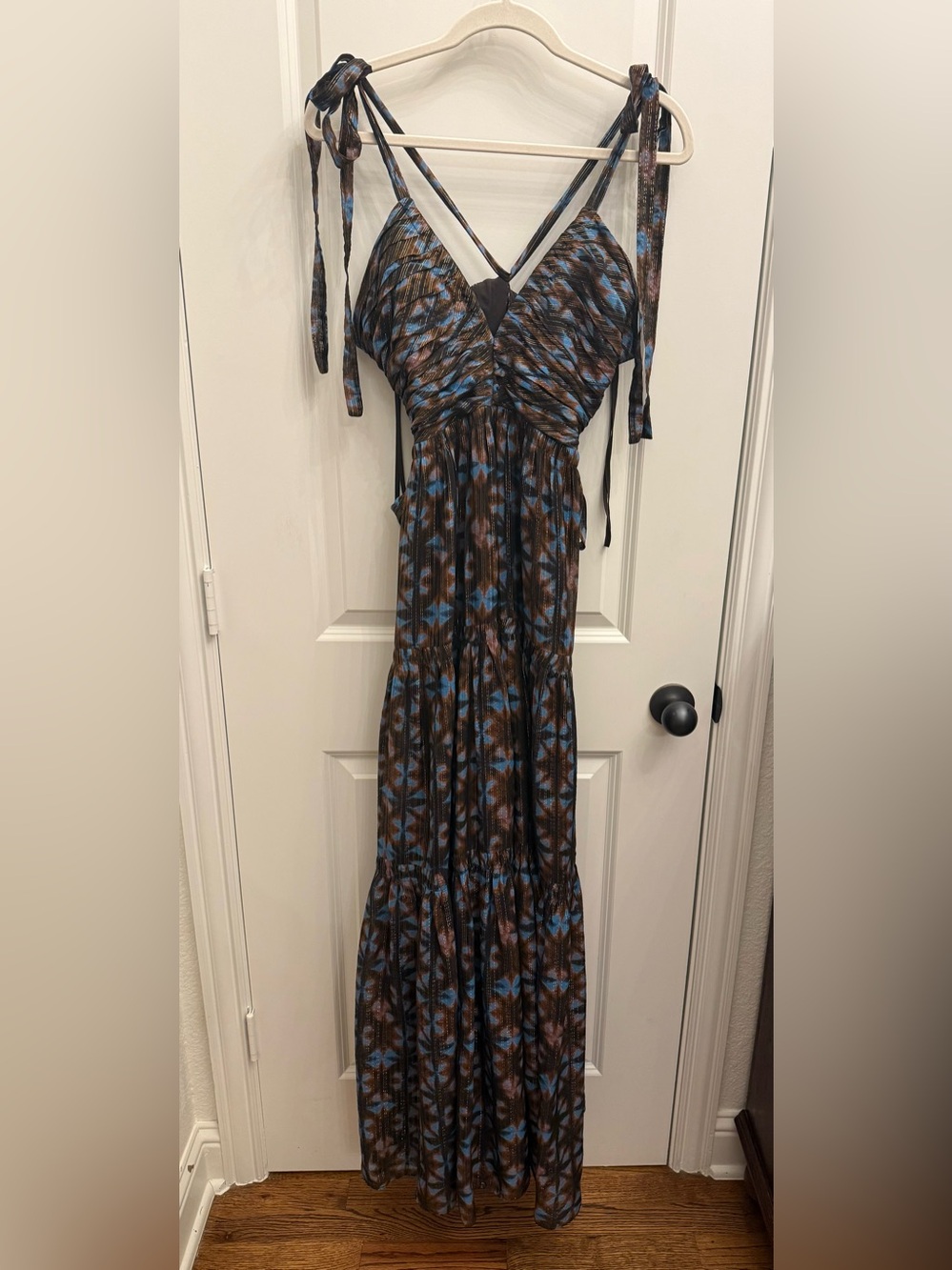 Ulla Johnson Dress Twilight Prism size 10 Blue Brown Silk Maxi Tie Deep Cut